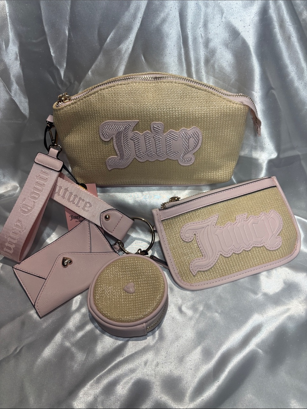 EXCLUSIVE Juicy Couture Pink Trim Straw-Textured Cosmetic & Accessory Set